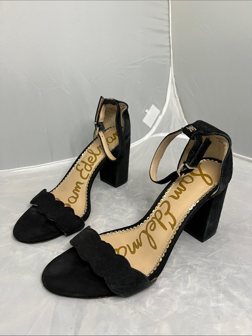 Sam Edelman Black Suede Scalloped Ankle-Strap Block Heels - Size 6.5